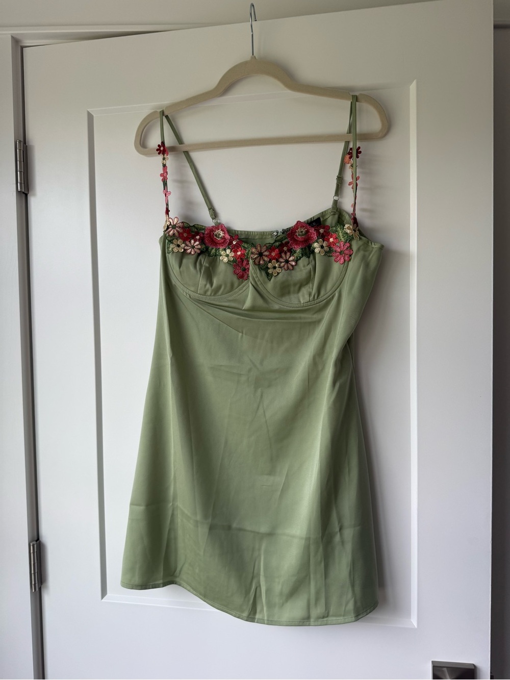 Floral-Trim Sage Green Mini Dress